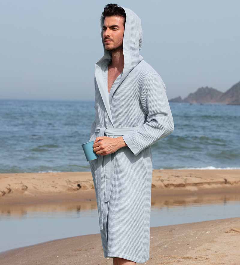 Men's Hooded Turkish Cotton Waffle Robe in various colors, showcasing its soft texture and stylish design.