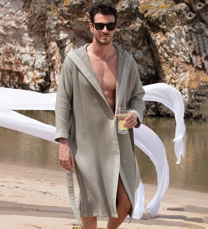 Men's Hooded Turkish Cotton Waffle Robe in various colors, showcasing its soft texture and stylish design.