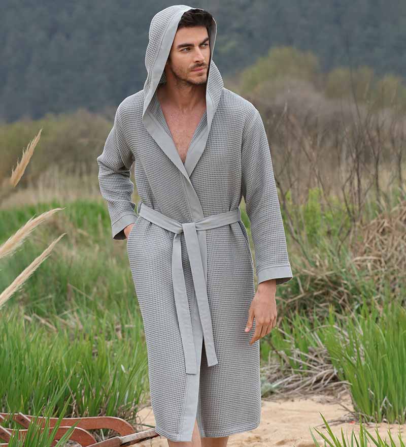 Men's Hooded Turkish Cotton Waffle Robe in various colors, showcasing its soft texture and stylish design.