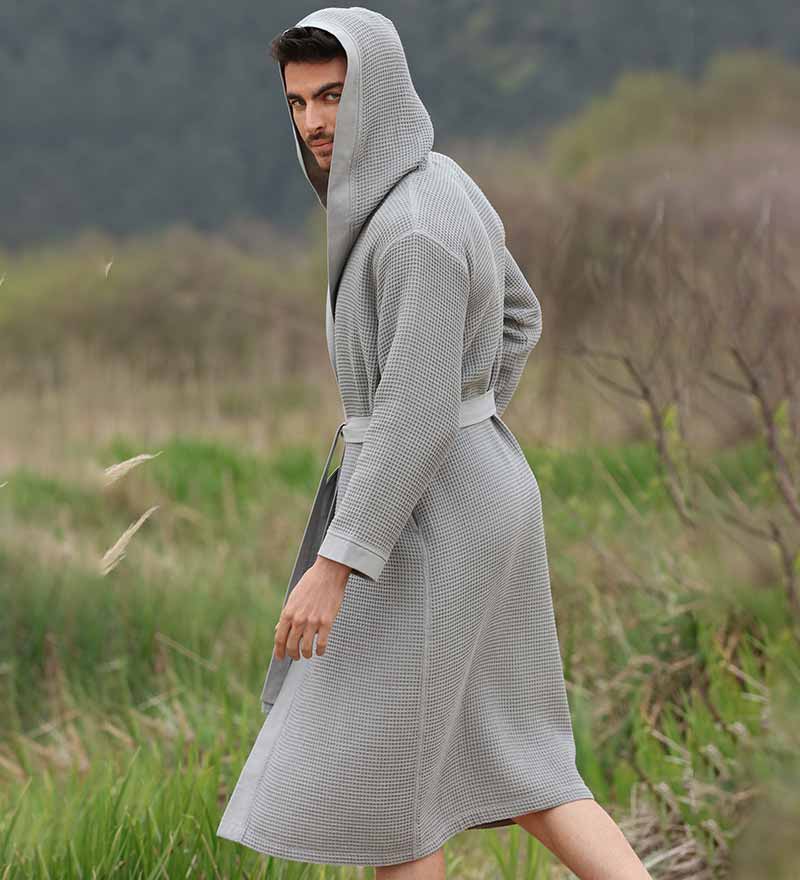 Men's Hooded Turkish Cotton Waffle Robe in various colors, showcasing its soft texture and stylish design.