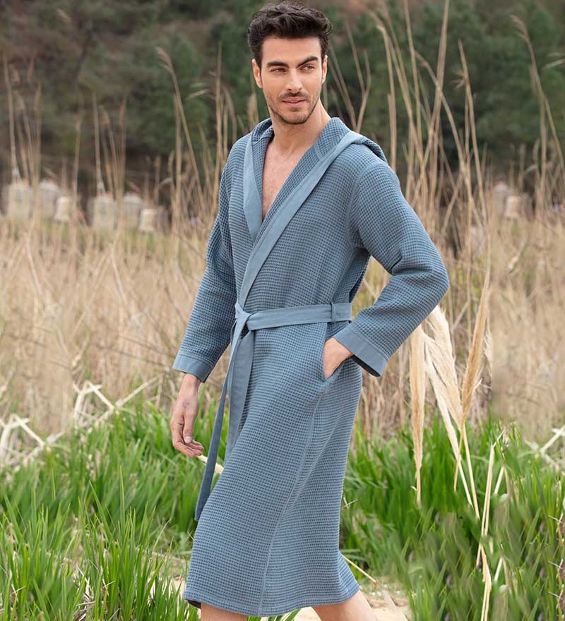 Men's Hooded Turkish Cotton Waffle Robe in various colors, showcasing its soft texture and stylish design.