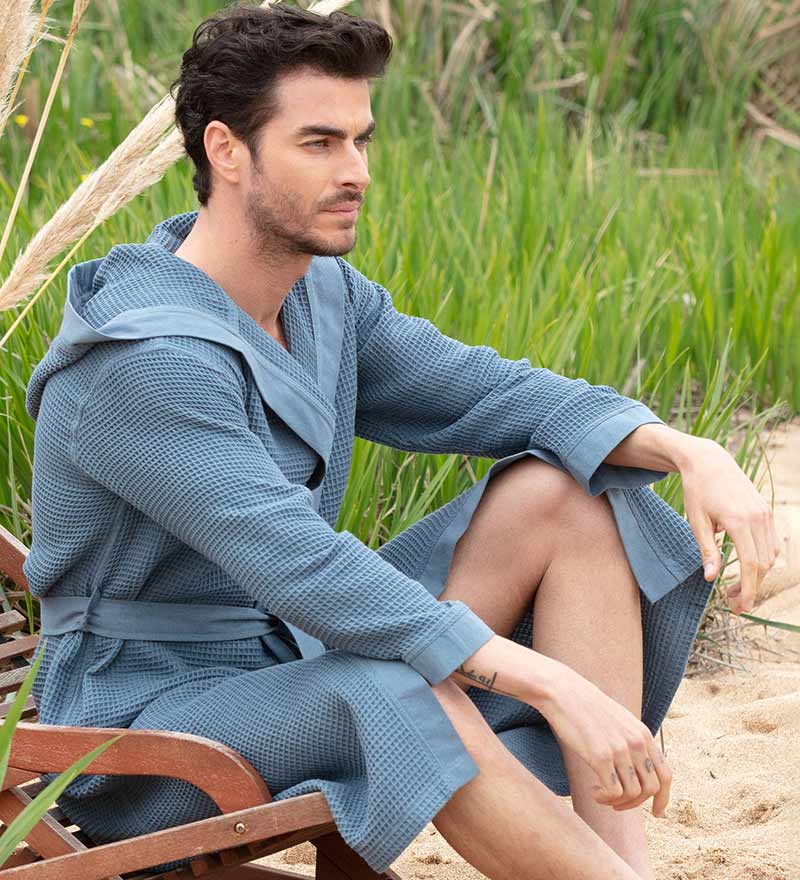 Men's Hooded Turkish Cotton Waffle Robe in various colors, showcasing its soft texture and stylish design.