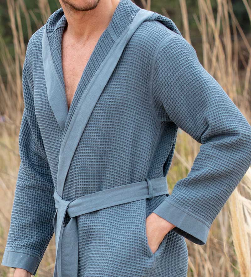 Men's Hooded Turkish Cotton Waffle Robe in various colors, showcasing its soft texture and stylish design.