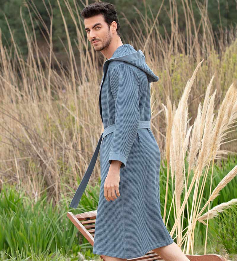 Men's Hooded Turkish Cotton Waffle Robe in various colors, showcasing its soft texture and stylish design.