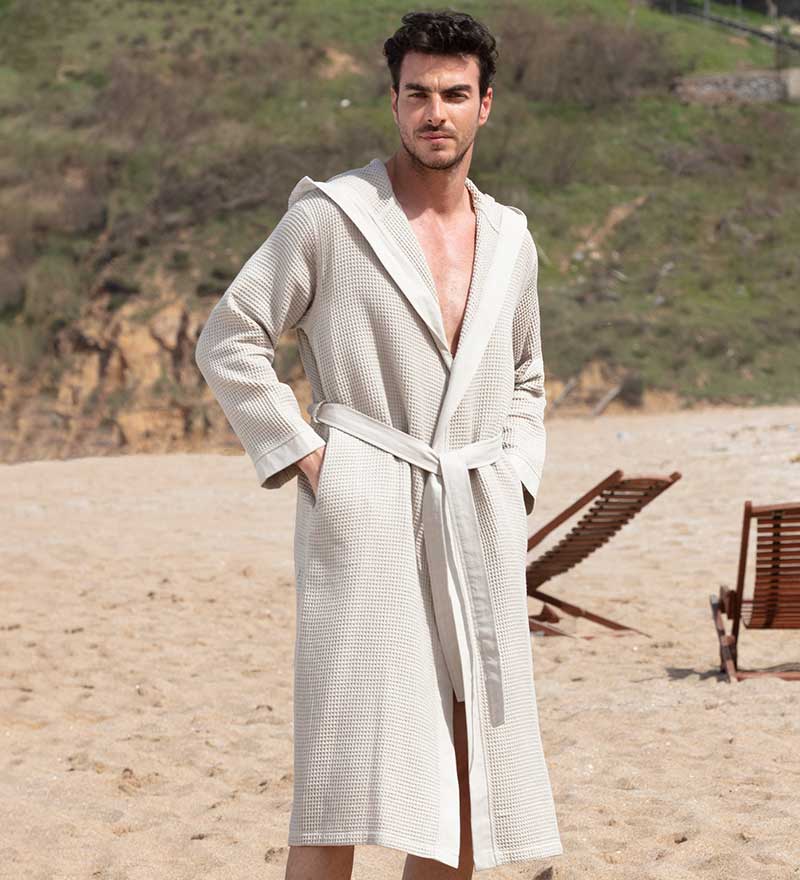 Men's Hooded Turkish Cotton Waffle Robe in various colors, showcasing its soft texture and stylish design.