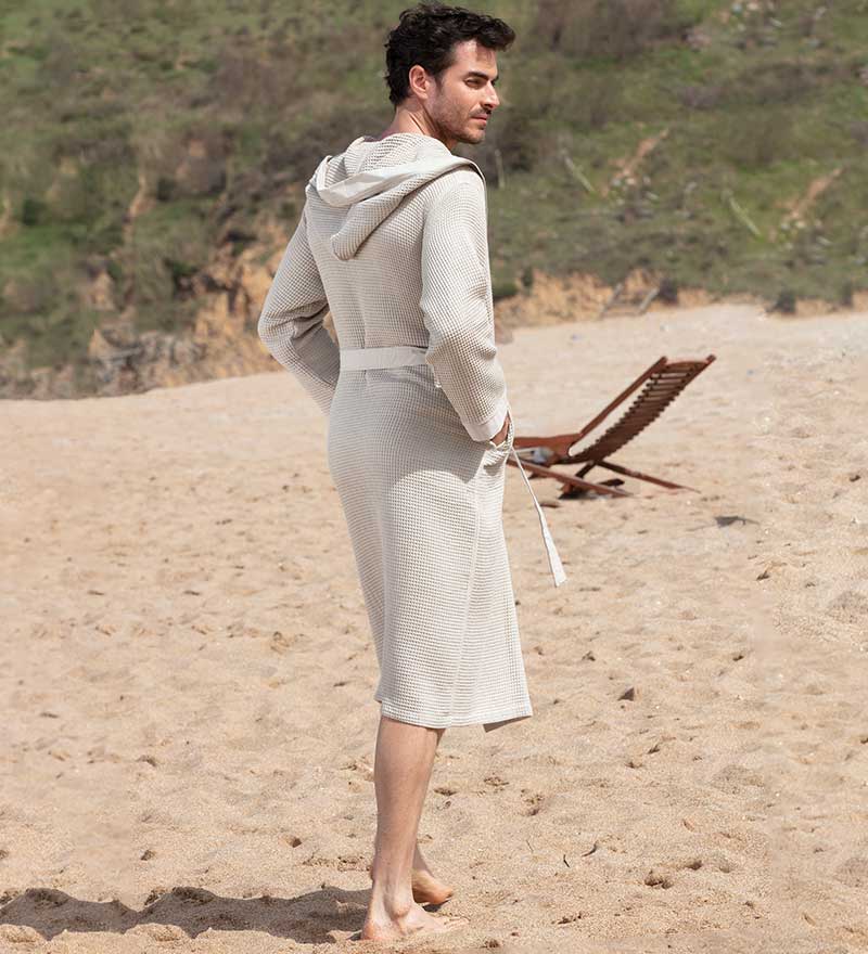 Men's Hooded Turkish Cotton Waffle Robe in various colors, showcasing its soft texture and stylish design.