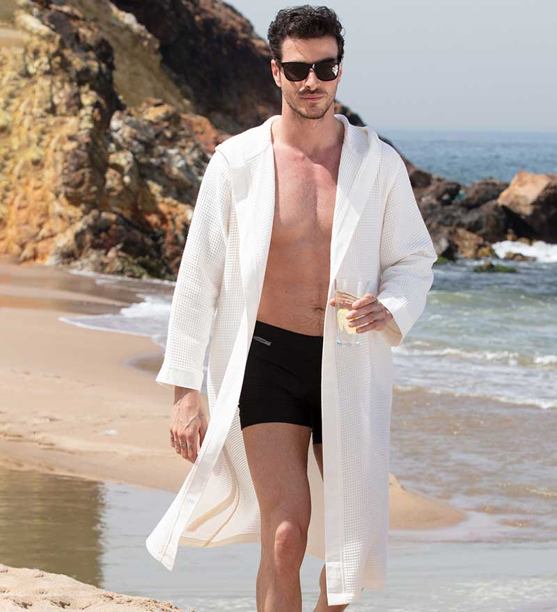 Men's Hooded Turkish Cotton Waffle Robe in various colors, showcasing its soft texture and stylish design.