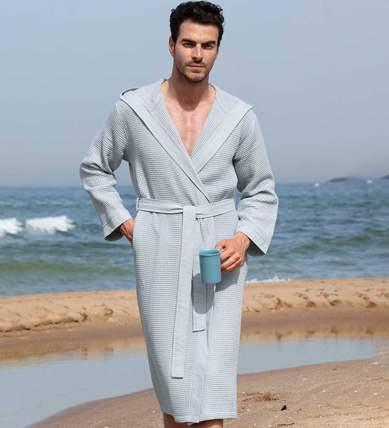 Men's Hooded Turkish Cotton Waffle Robe in various colors, showcasing its soft texture and stylish design.