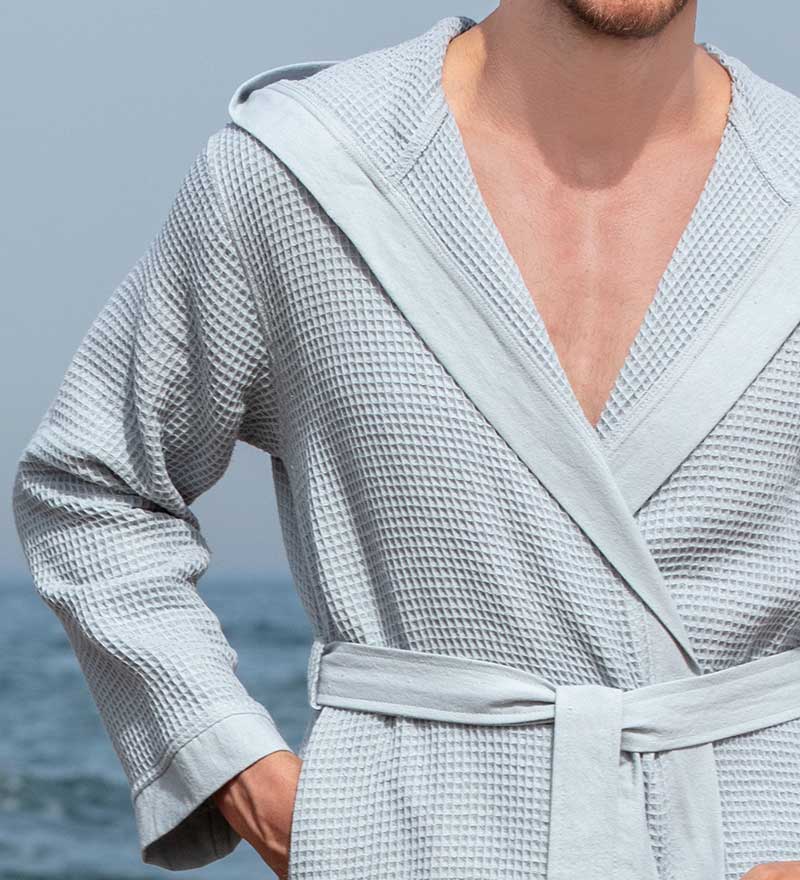 Men's Hooded Turkish Cotton Waffle Robe in various colors, showcasing its soft texture and stylish design.