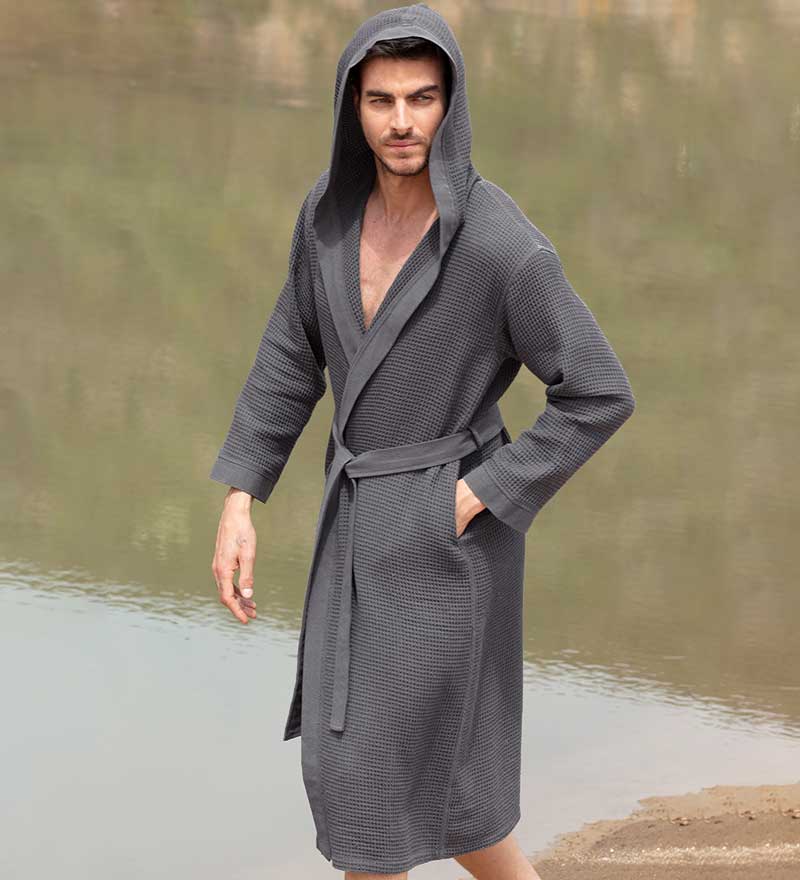 Men's Hooded Turkish Cotton Waffle Robe in various colors, showcasing its soft texture and stylish design.