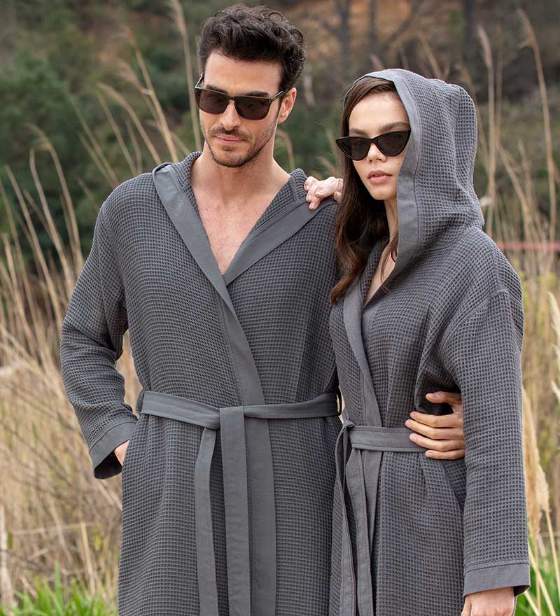 Men's Hooded Turkish Cotton Waffle Robe in various colors, showcasing its soft texture and stylish design.