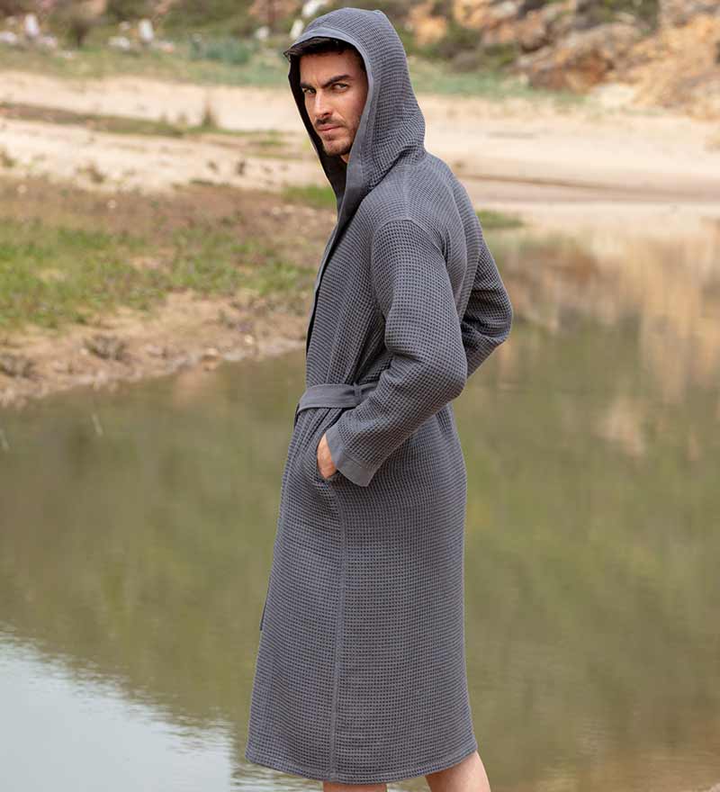 Men's Hooded Turkish Cotton Waffle Robe in various colors, showcasing its soft texture and stylish design.