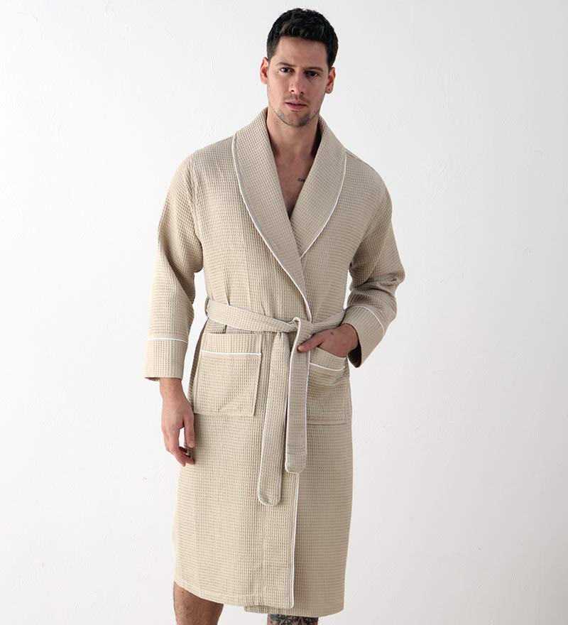 Men's Luxury Waffle Hotel Robe in various colors, showcasing its soft texture and stylish design with shawl collar and pockets.