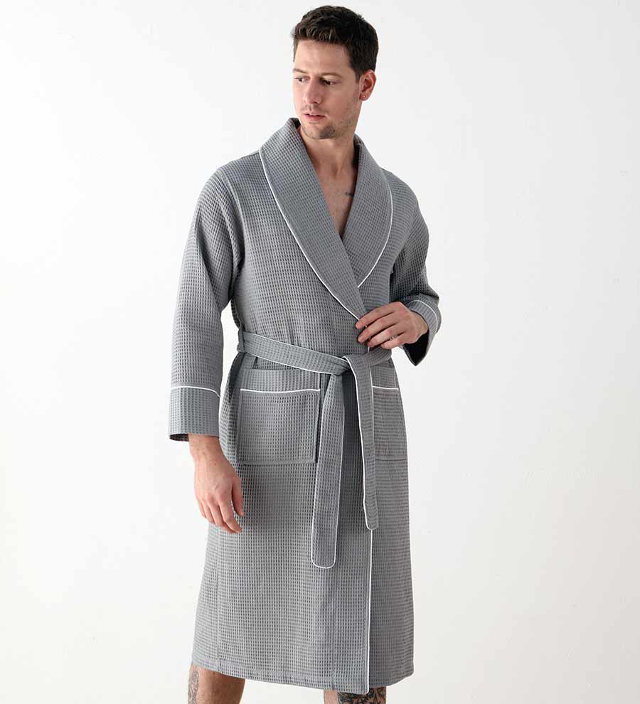 Men's Luxury Waffle Hotel Robe in various colors, showcasing its soft texture and stylish design with shawl collar and pockets.