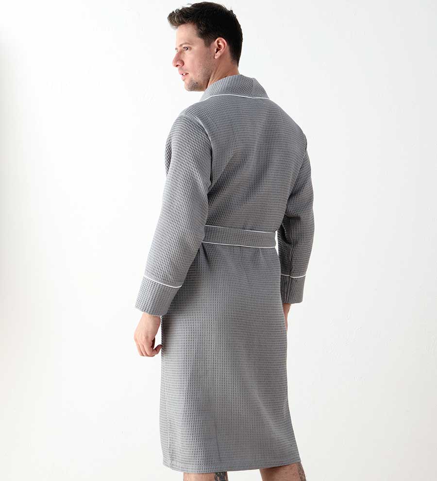 Men's Luxury Waffle Hotel Robe in various colors, showcasing its soft texture and stylish design with shawl collar and pockets.