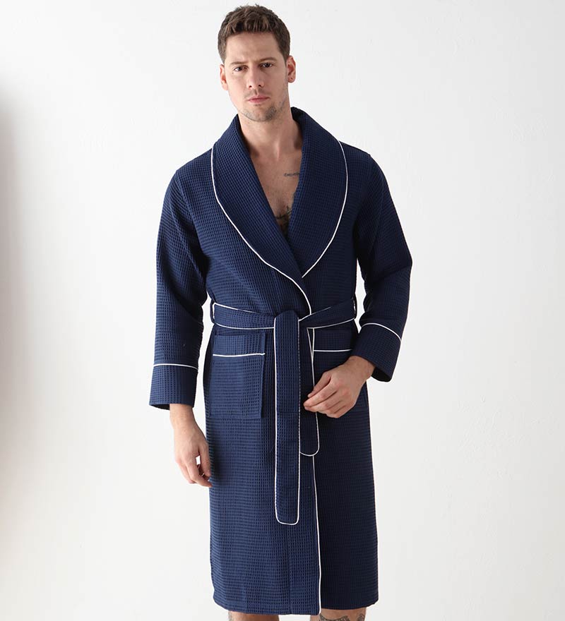 Men's Luxury Waffle Hotel Robe in various colors, showcasing its soft texture and stylish design with shawl collar and pockets.