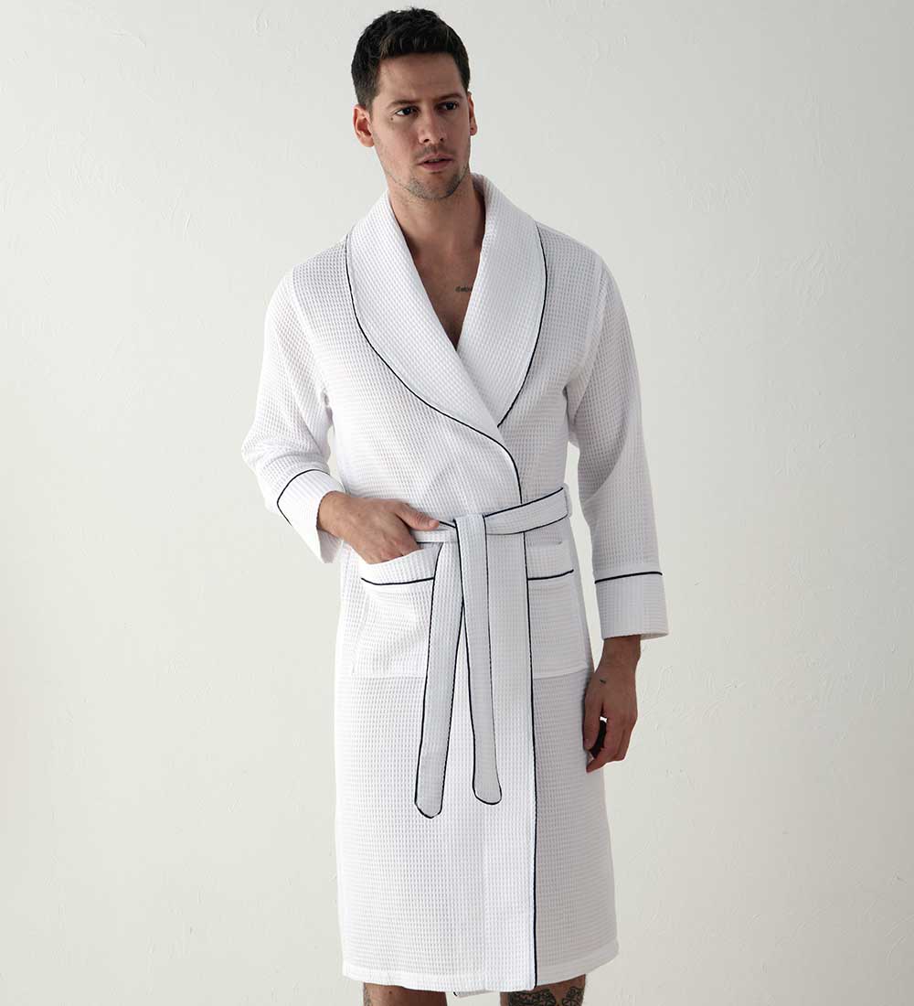 Men's Luxury Waffle Hotel Robe in various colors, showcasing its soft texture and stylish design with shawl collar and pockets.