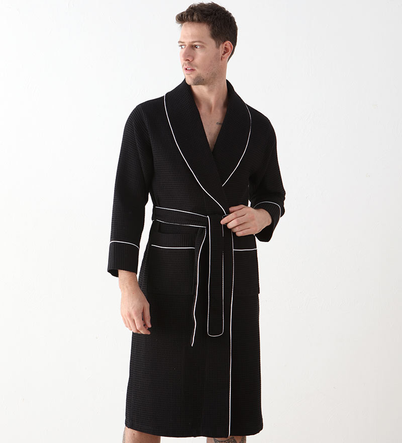 Men's Luxury Waffle Hotel Robe in various colors, showcasing its soft texture and stylish design with shawl collar and pockets.