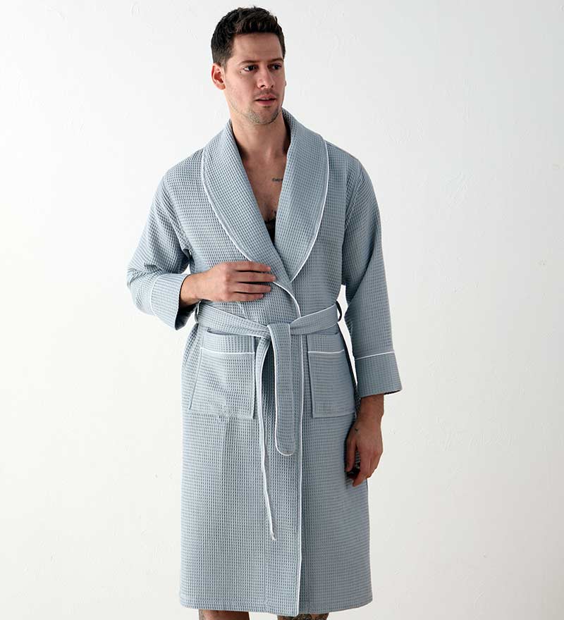 Men's Luxury Waffle Hotel Robe in various colors, showcasing its soft texture and stylish design with shawl collar and pockets.