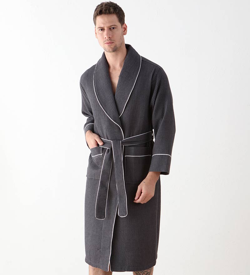 Men's Luxury Waffle Hotel Robe in various colors, showcasing its soft texture and stylish design with shawl collar and pockets.