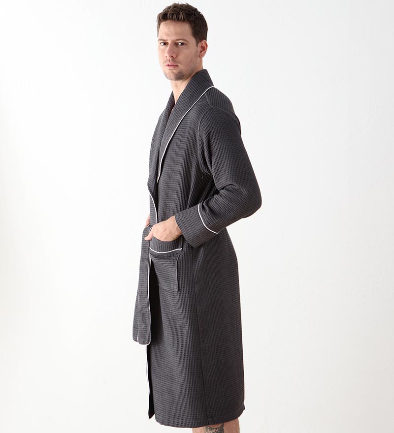 Men's Luxury Waffle Hotel Robe in various colors, showcasing its soft texture and stylish design with shawl collar and pockets.