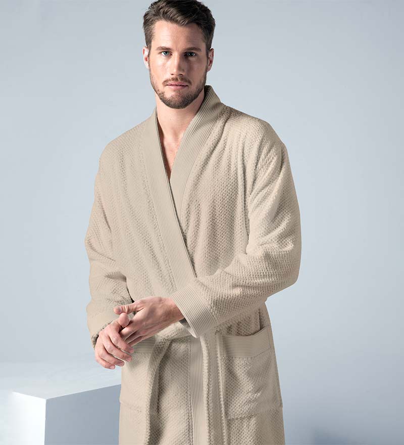 Men's Organic Turkish Cotton Terry Kimono Robe in earthy tones, featuring a stylish belt and practical pockets.