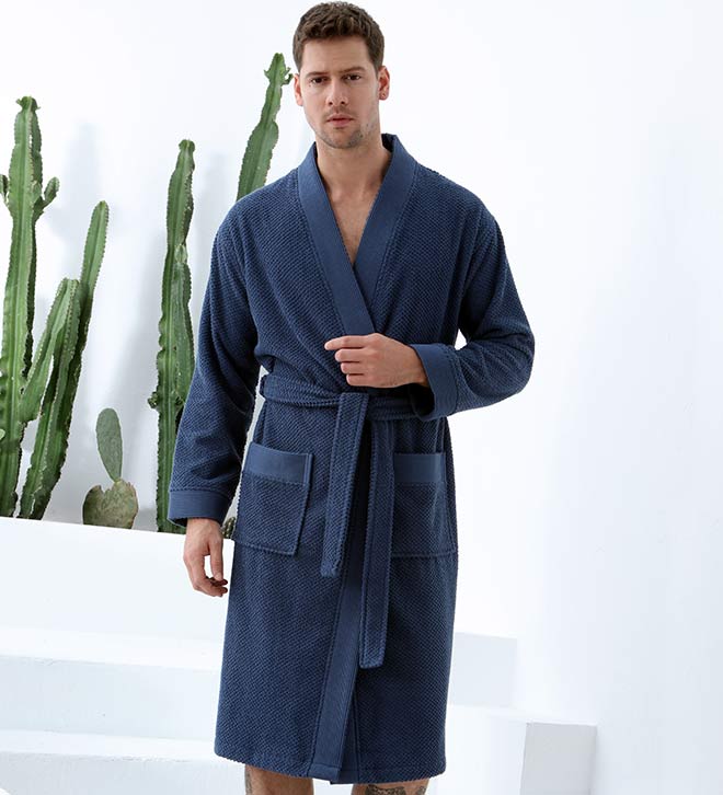 Men's Organic Turkish Cotton Terry Kimono Robe in earthy tones, featuring a stylish belt and practical pockets.