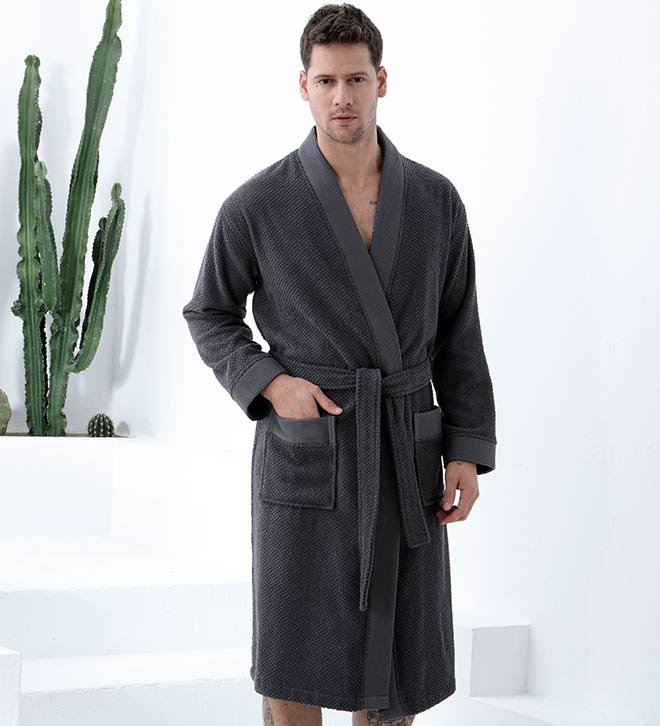 Men's Organic Turkish Cotton Terry Kimono Robe in earthy tones, featuring a stylish belt and practical pockets.