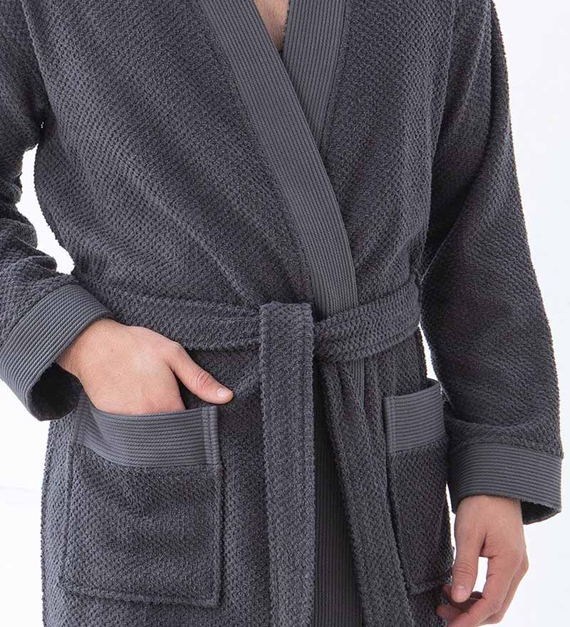 Men's Organic Turkish Cotton Terry Kimono Robe in earthy tones, featuring a stylish belt and practical pockets.