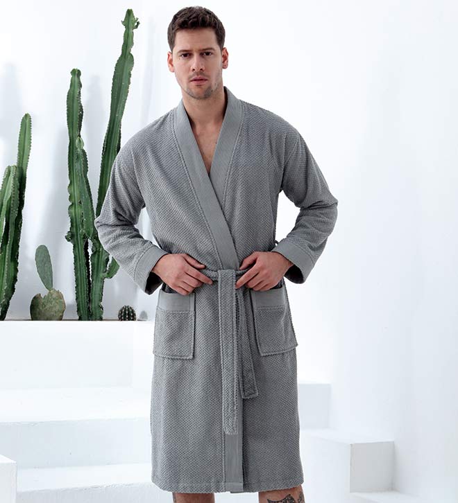 Men's Organic Turkish Cotton Terry Kimono Robe in earthy tones, featuring a stylish belt and practical pockets.