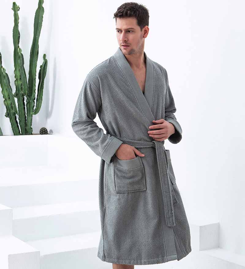 Men's Organic Turkish Cotton Terry Kimono Robe in earthy tones, featuring a stylish belt and practical pockets.