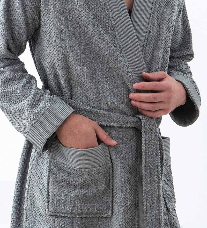 Men's Organic Turkish Cotton Terry Kimono Robe in earthy tones, featuring a stylish belt and practical pockets.