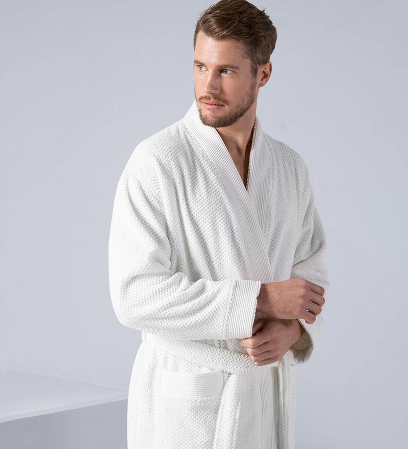 Men's Organic Turkish Cotton Terry Kimono Robe in earthy tones, featuring a stylish belt and practical pockets.