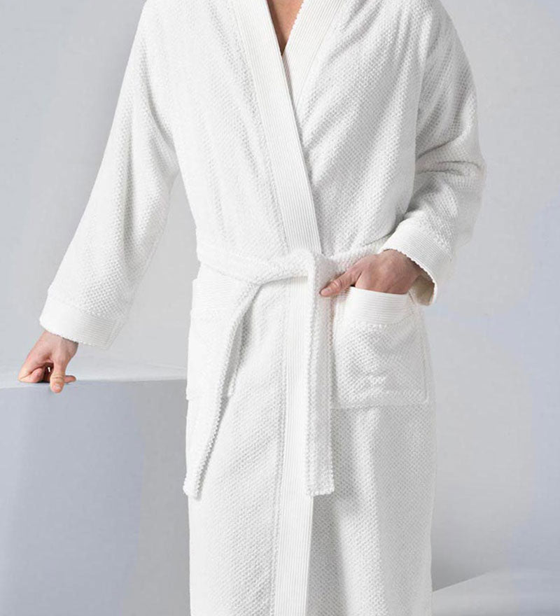 Men's Organic Turkish Cotton Terry Kimono Robe in earthy tones, featuring a stylish belt and practical pockets.