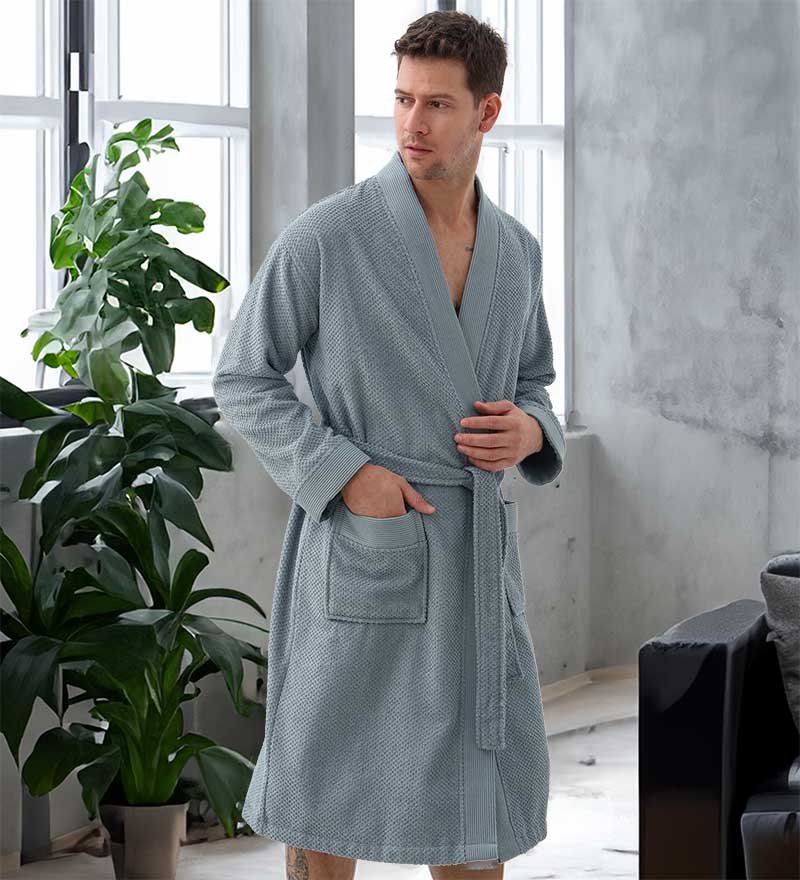 Men's Organic Turkish Cotton Terry Kimono Robe in earthy tones, featuring a stylish belt and practical pockets.