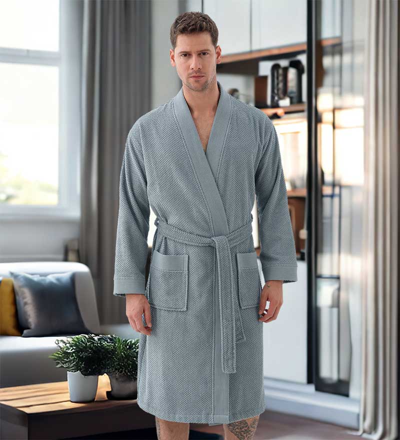 Men's Organic Turkish Cotton Terry Kimono Robe in earthy tones, featuring a stylish belt and practical pockets.