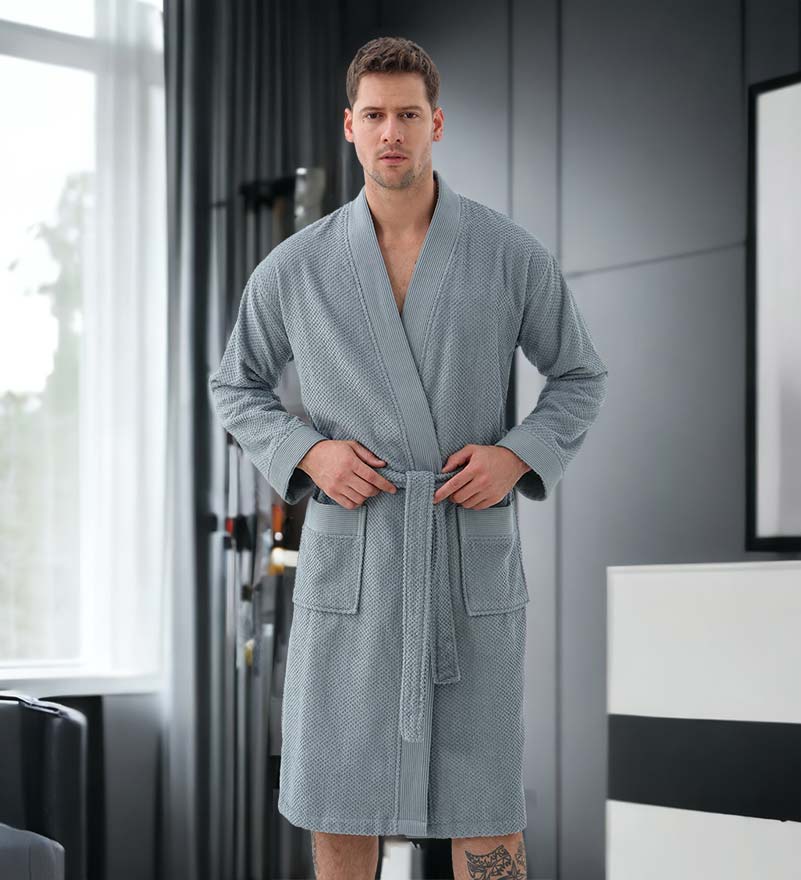 Men's Organic Turkish Cotton Terry Kimono Robe in earthy tones, featuring a stylish belt and practical pockets.