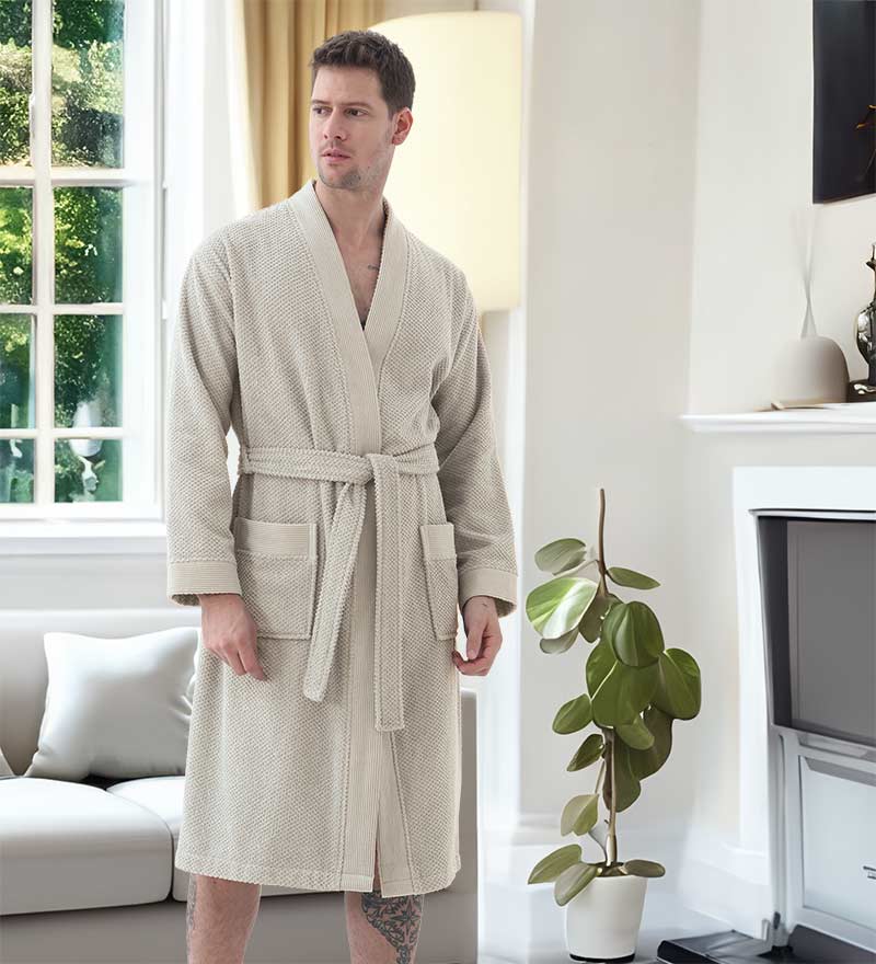 Men's Organic Turkish Cotton Terry Kimono Robe in earthy tones, featuring a stylish belt and practical pockets.