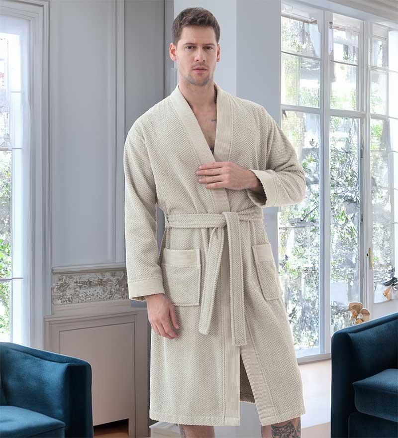 Men's Organic Turkish Cotton Terry Kimono Robe in earthy tones, featuring a stylish belt and practical pockets.