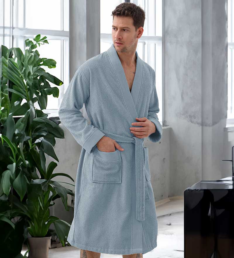 Men's Organic Turkish Cotton Terry Kimono Robe in earthy tones, featuring a stylish belt and practical pockets.