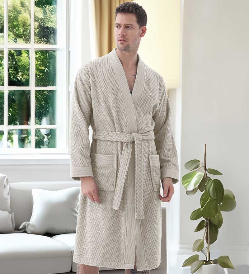 Men's Organic Turkish Cotton Terry Kimono Robe in earthy tones, featuring a stylish belt and practical pockets.