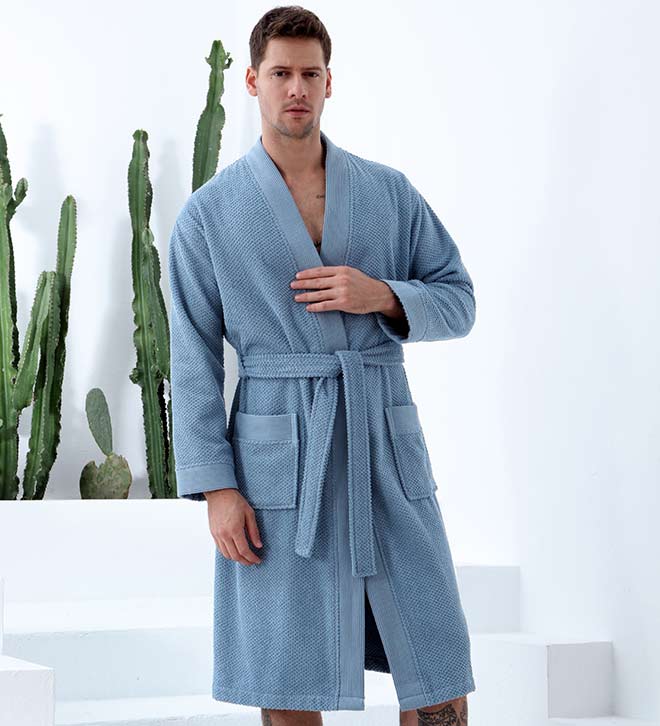 Men's Organic Turkish Cotton Terry Kimono Robe in earthy tones, featuring a stylish belt and practical pockets.