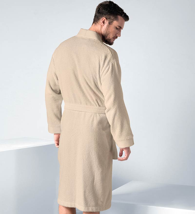 Men's Organic Turkish Cotton Terry Kimono Robe in earthy tones, featuring a stylish belt and practical pockets.