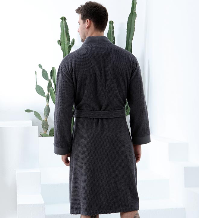 Men's Organic Turkish Cotton Terry Kimono Robe in earthy tones, featuring a stylish belt and practical pockets.