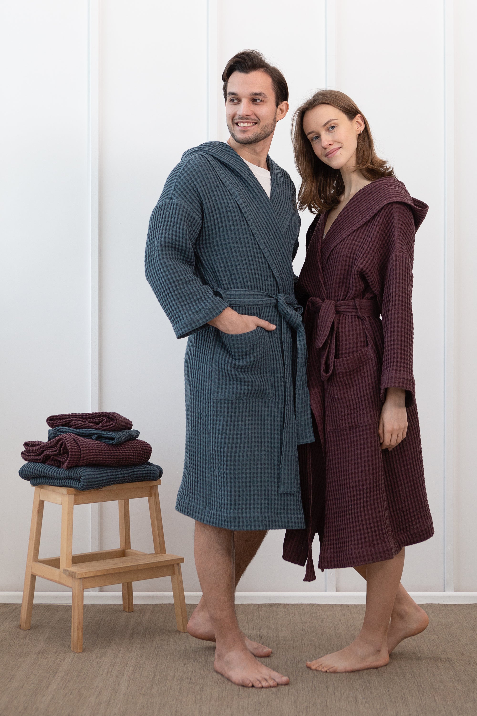 Navy Blue linen waffle robe with a cozy hoodie, showcasing its soft texture and stylish design, perfect for relaxation.