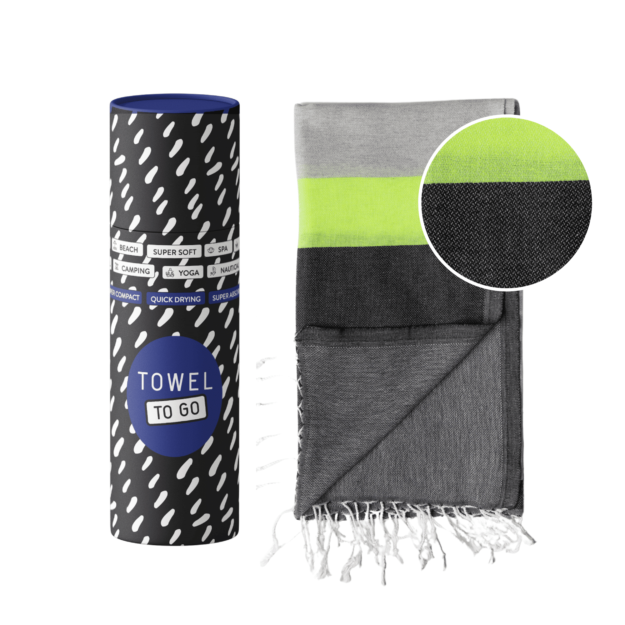 Neon Beach Towel in grey and black with neon stripe, displayed in a recycled gift box, showcasing eco-friendly design.