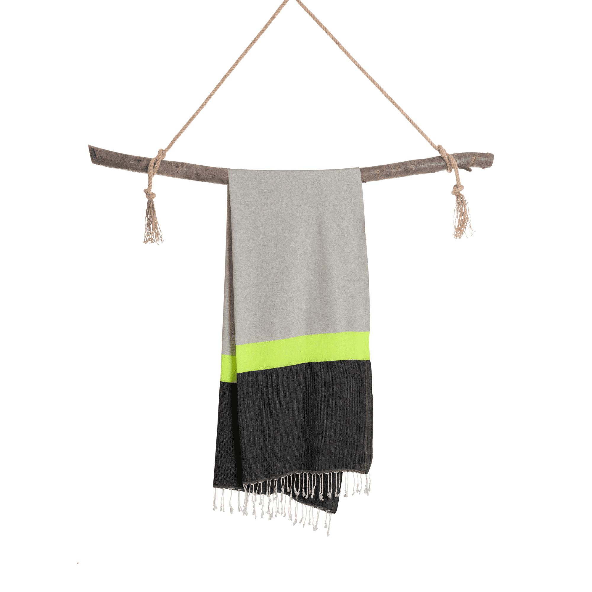 Neon Beach Towel in grey and black with neon stripe, displayed in a recycled gift box, showcasing eco-friendly design.