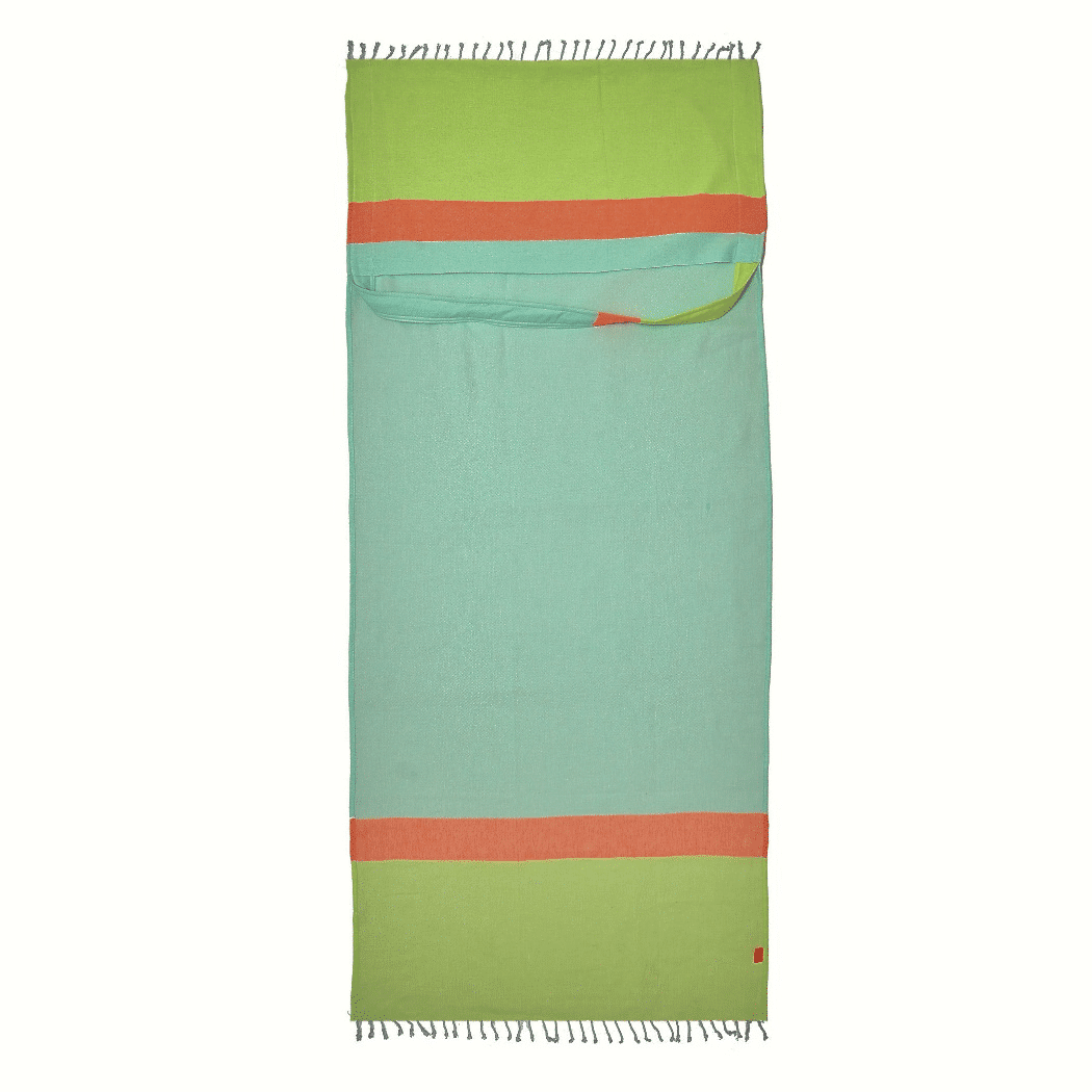 Neon Two-in-One Beach Towel and Bag in green and blue, made from recycled cotton, showcasing its vibrant colors and stylish design.