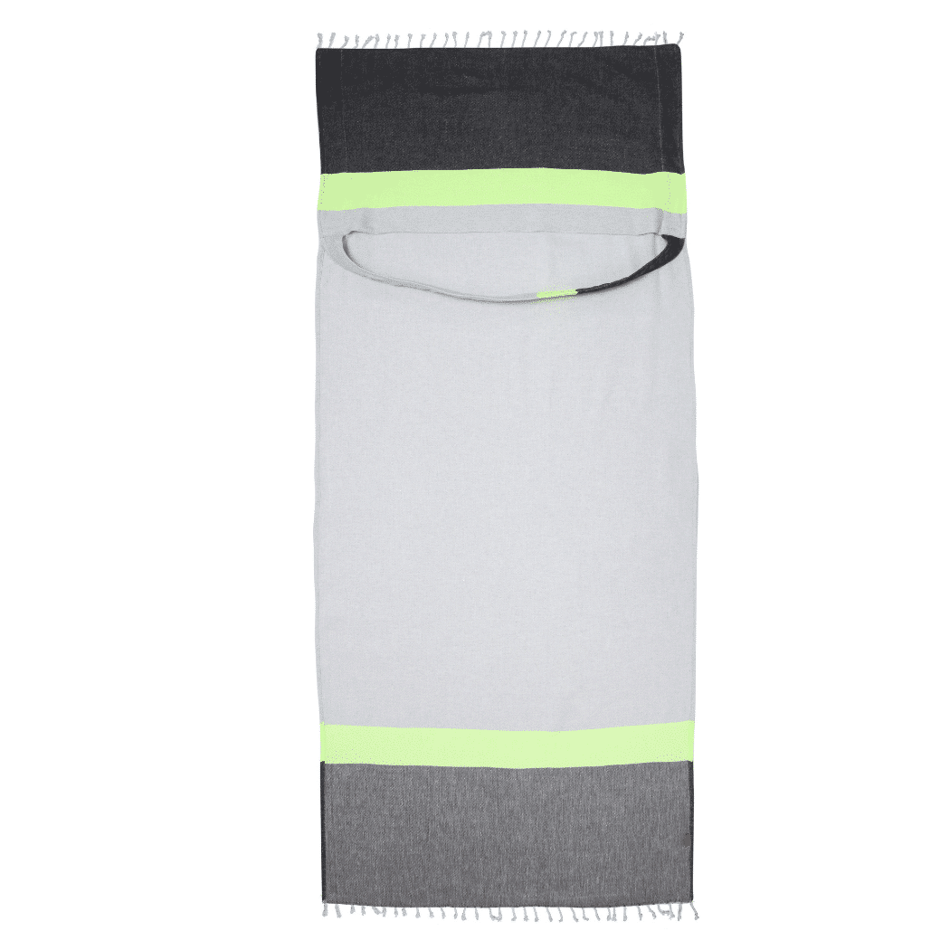 Neon Two-in-One Beach Towel and Bag in grey and black, made from recycled cotton, showcasing its stylish design and vibrant neon stripe.