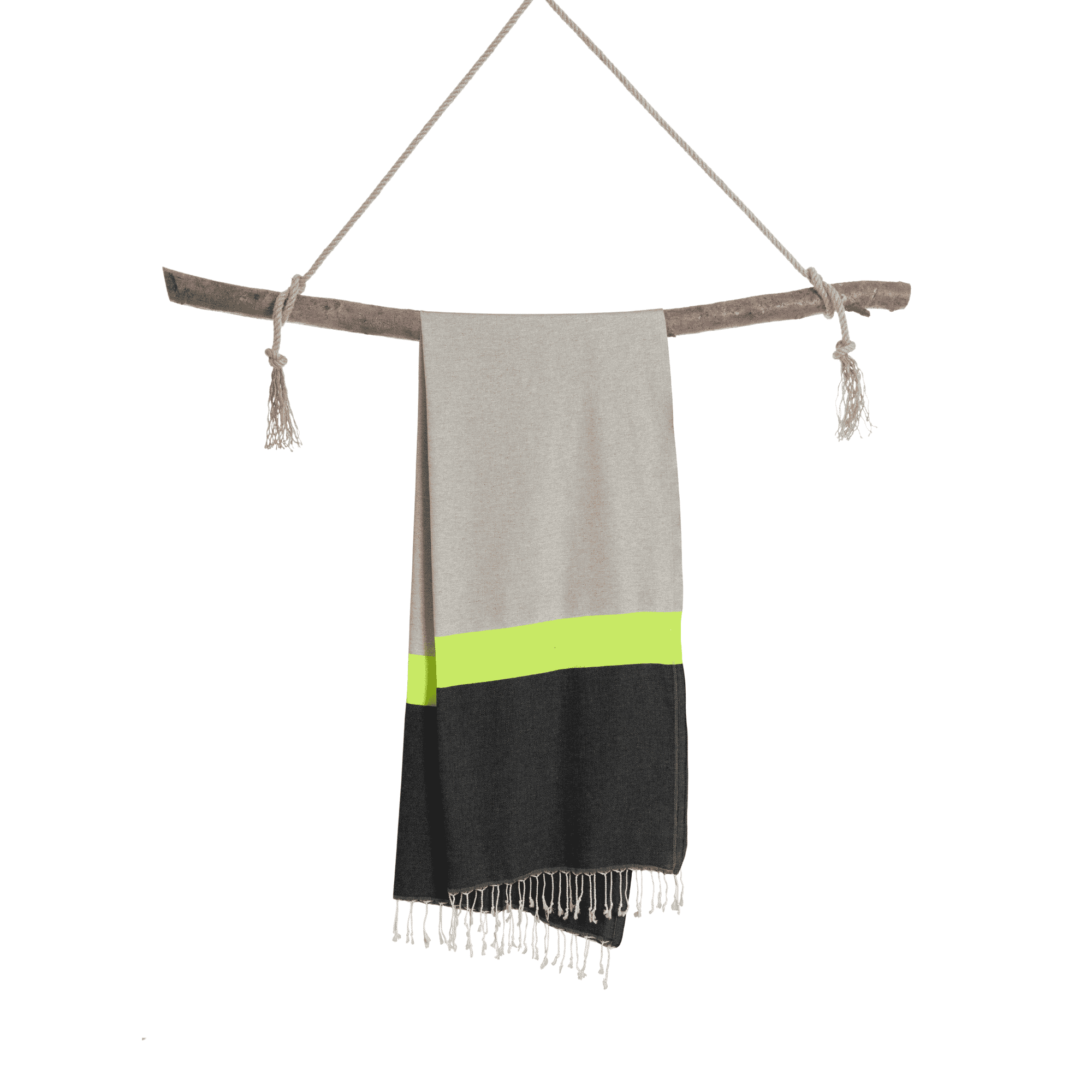 Neon Two-in-One Beach Towel and Bag in grey and black, made from recycled cotton, showcasing its stylish design and vibrant neon stripe.